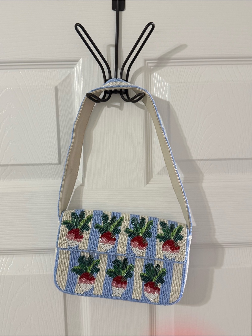 Anthropologie Blue and Cream Beaded Radish Shoulder Bag